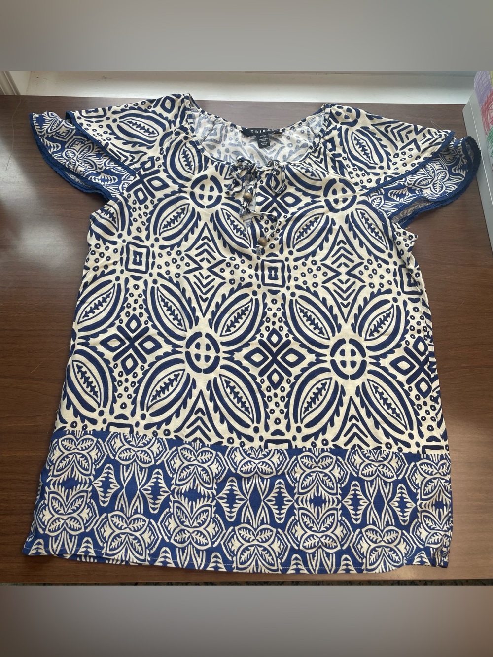 Tribal Navy and Cream Printed Tie-Neck Top